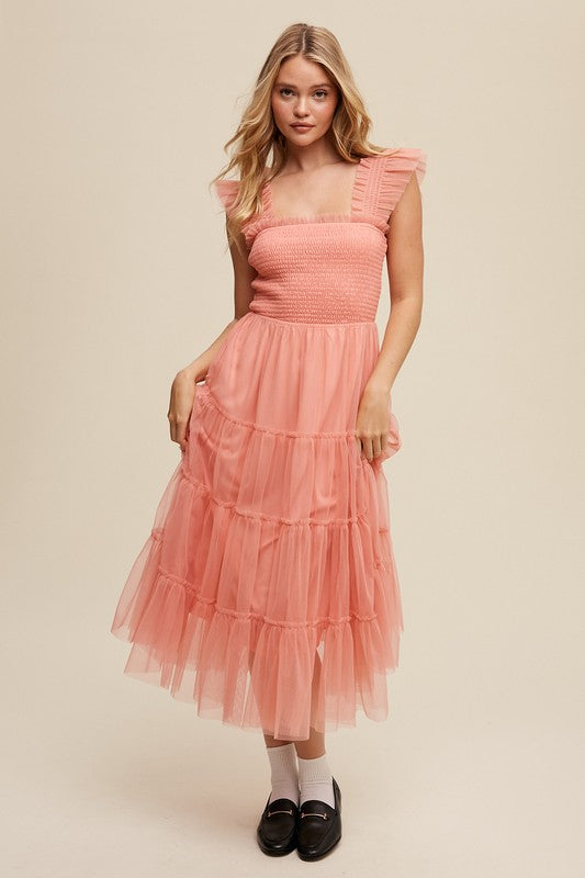 LISTICLE Smocked Ruffle Tiered Mesh Midi Cocktail Dress