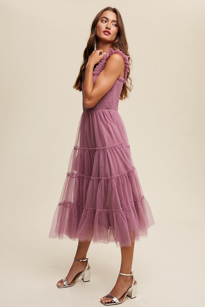 LISTICLE Smocked Ruffle Tiered Mesh Midi Cocktail Dress