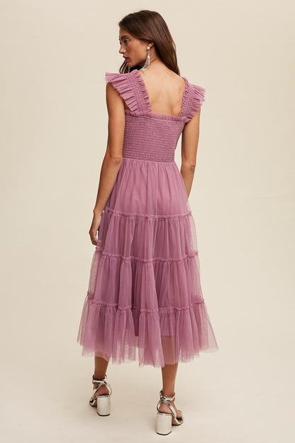 LISTICLE Smocked Ruffle Tiered Mesh Midi Cocktail Dress