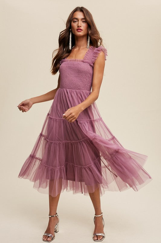 LISTICLE Smocked Ruffle Tiered Mesh Midi Cocktail Dress