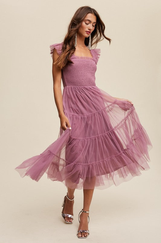 LISTICLE Smocked Ruffle Tiered Mesh Midi Cocktail Dress