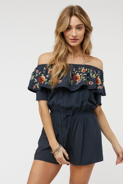 DAVI & DANI Floral Embroidered Off Shoulder Romper