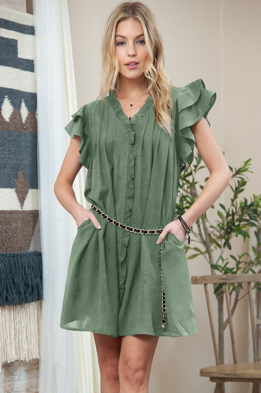 EG FASHION Ruffle Sleeve V neck Green, Black dress w/ pocket