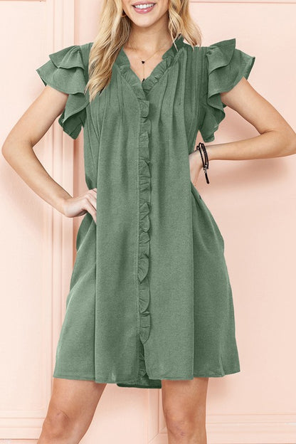 EG FASHION Ruffle Sleeve V neck Green, Black dress w/ pocket