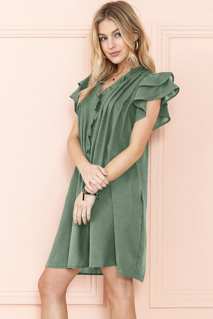 EG FASHION Ruffle Sleeve V neck Green, Black dress w/ pocket