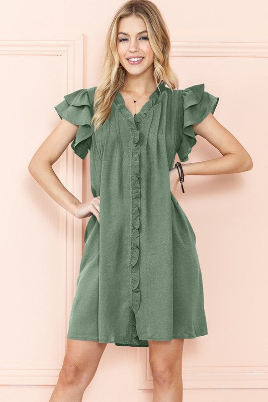 EG FASHION Ruffle Sleeve V neck Green, Black dress w/ pocket