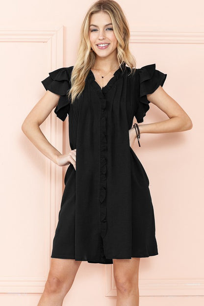 EG FASHION Ruffle Sleeve V neck Green, Black dress w/ pocket