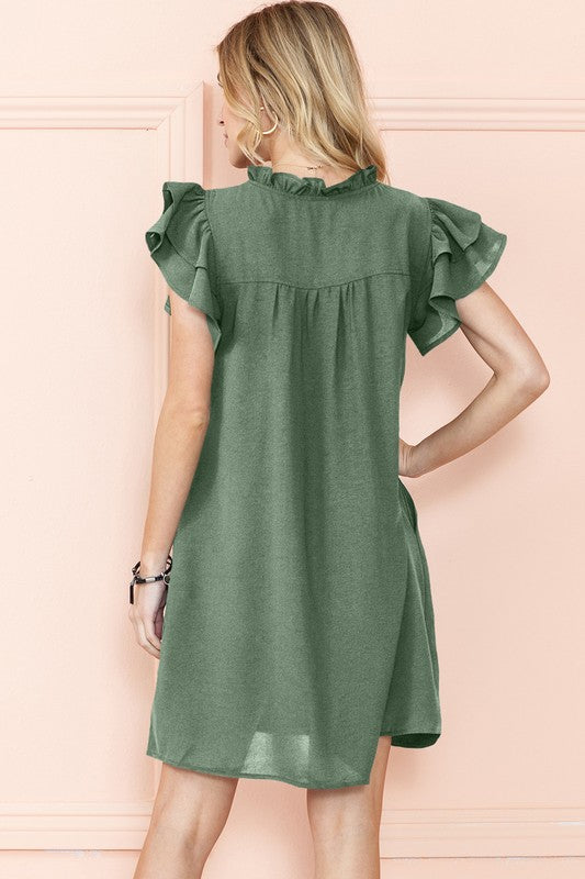 EG FASHION Ruffle Sleeve V neck Green, Black dress w/ pocket