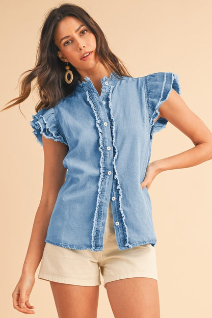 Button Front Ruffled Flutter Frayed Denim Top