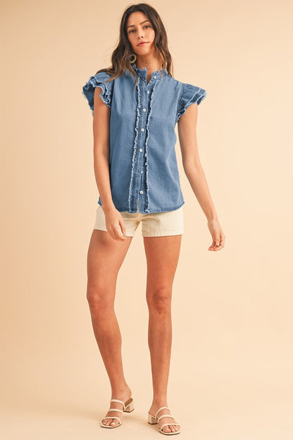 Button Front Ruffled Flutter Frayed Denim Top