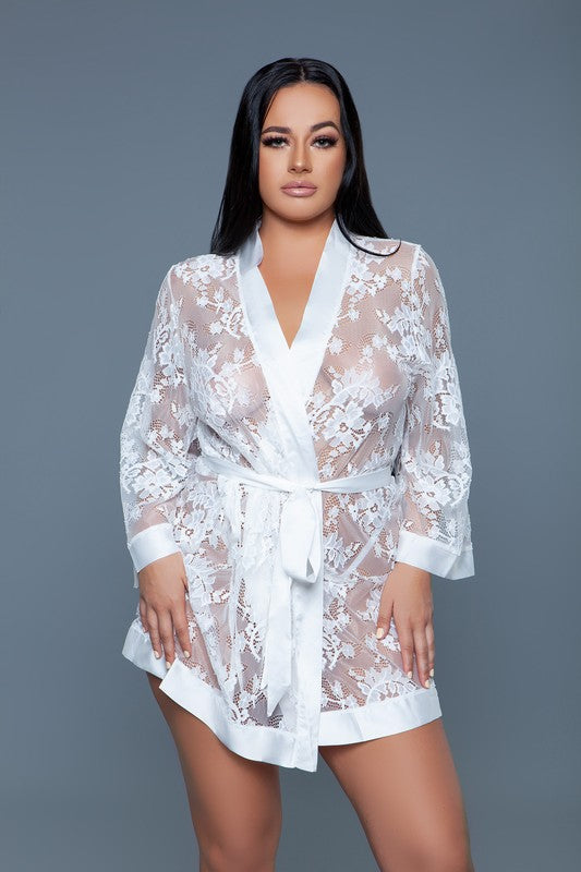 WICKED Full Size White Satin Floral Labe Lingerie Robe-Delia Robe- Up to 3XL