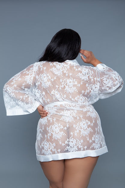 WICKED Full Size White Satin Floral Labe Lingerie Robe-Delia Robe- Up to 3XL