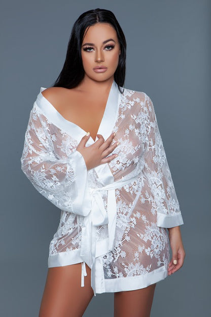 WICKED Full Size White Satin Floral Labe Lingerie Robe-Delia Robe- Up to 3XL