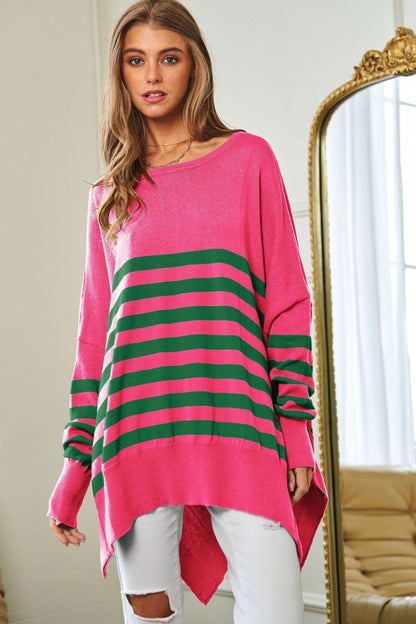 DAVI & DANI Multi Striped Elbow Patch Loose Fit Sweater Top