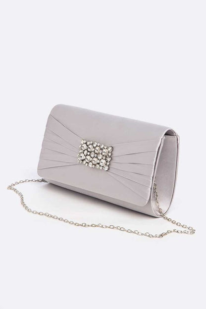 LA JEWELRY Crystal Accent Satin Pleated Clutch Bag