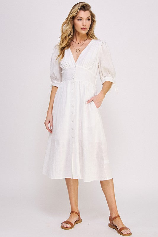 JADE by JANE 3/4 Puffed Sleeves Textured Buttoned-down V-neck Midi Dress