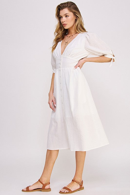 JADE by JANE 3/4 Puffed Sleeves Textured Buttoned-down V-neck Midi Dress