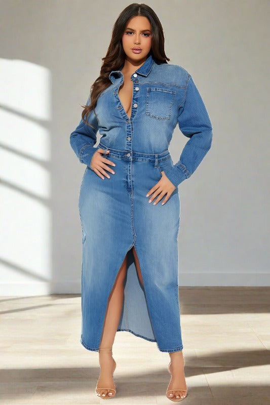 BY CLAUDE Collard Split-front Maxi Denim Dress