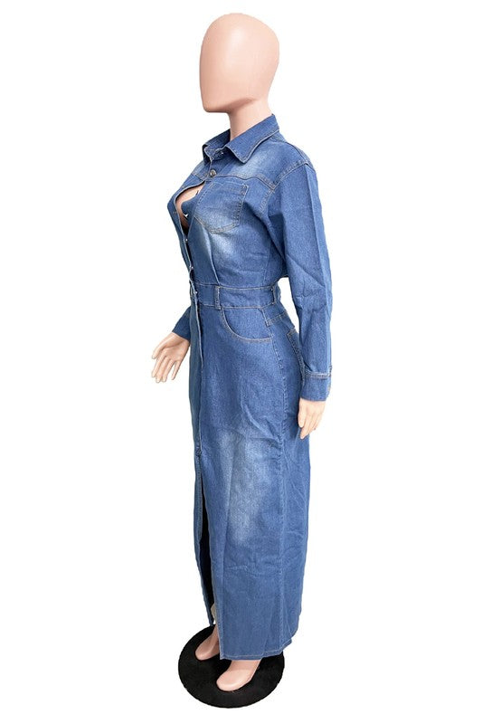 BY CLAUDE Collard Split-front Maxi Denim Dress