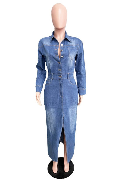 BY CLAUDE Collard Split-front Maxi Denim Dress