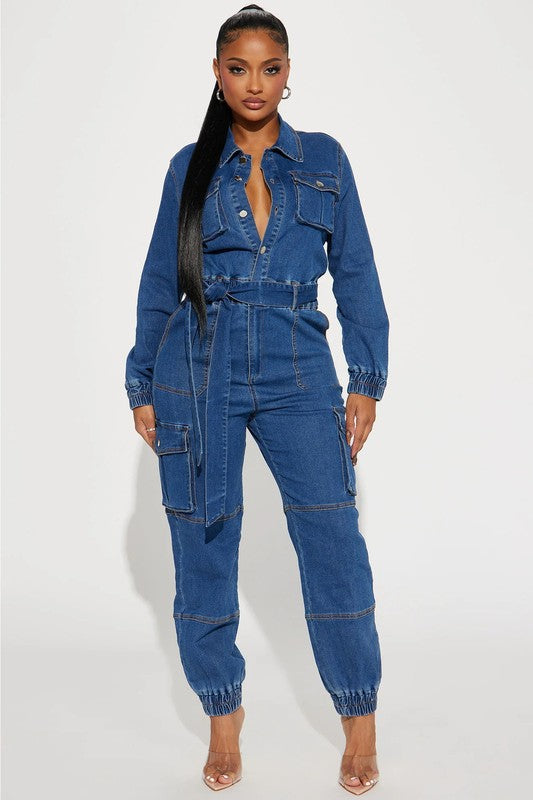 BY CLAUDE Belted Jogger-Style Denim Jumpsuit