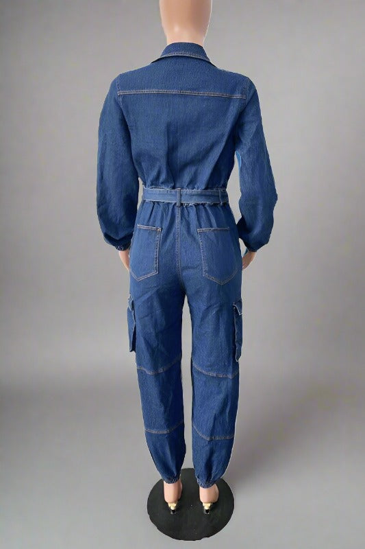 BY CLAUDE Belted Jogger-Style Denim Jumpsuit