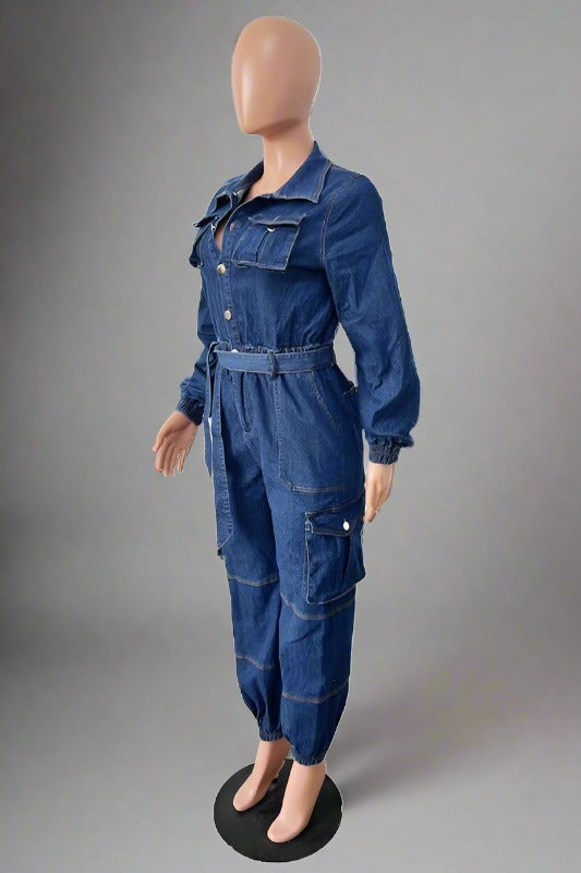 BY CLAUDE Belted Jogger-Style Denim Jumpsuit