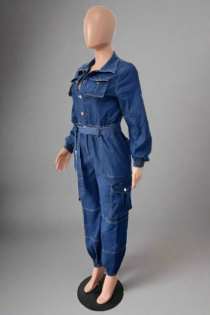 BY CLAUDE Belted Jogger-Style Denim Jumpsuit