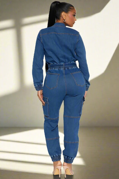 BY CLAUDE Belted Jogger-Style Denim Jumpsuit