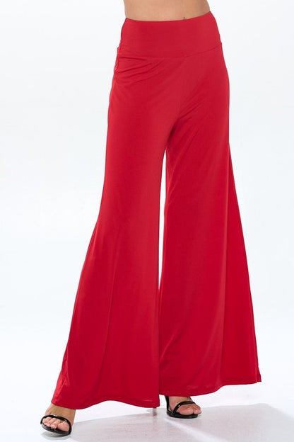 RENEE C. Red Solid Wide Leg Pants w/ Thick Waistband