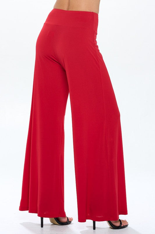 RENEE C. Red Solid Wide Leg Pants w/ Thick Waistband