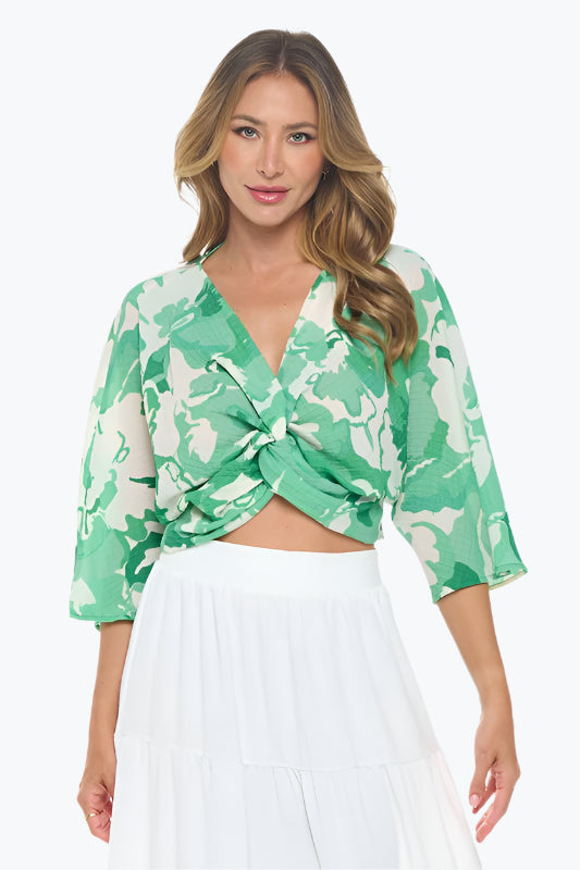 Renee C. Women's Kelly Green Floral Mid Sleeve Top with Front Twist