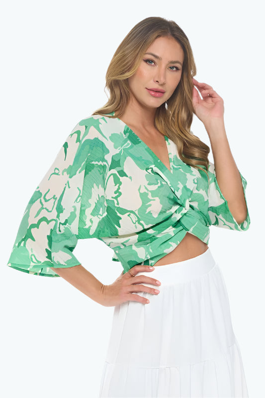 Renee C. Women's Kelly Green Floral Mid Sleeve Top with Front Twist