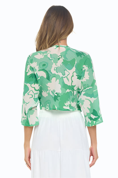 Renee C. Women's Kelly Green Floral Mid Sleeve Top with Front Twist