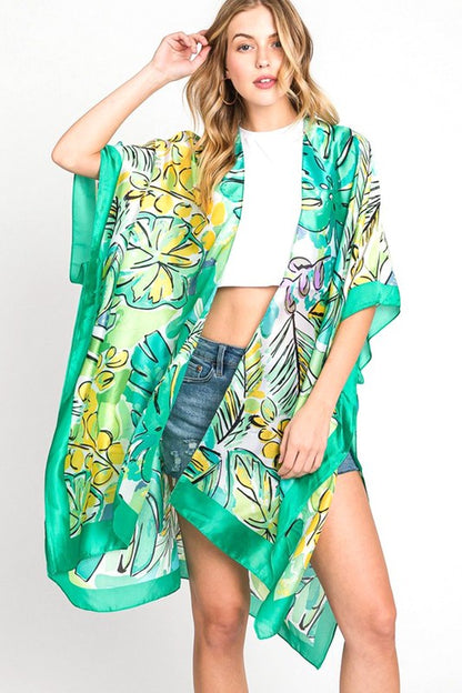 LA JEWELRY Tropical Leaf Print Silky Kimono Cover UP