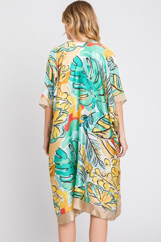 LA JEWELRY Tropical Leaf Print Silky Kimono Cover UP