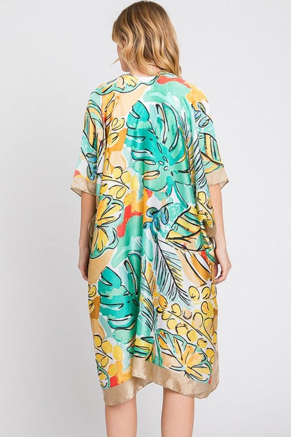 LA JEWELRY Tropical Leaf Print Silky Kimono Cover UP