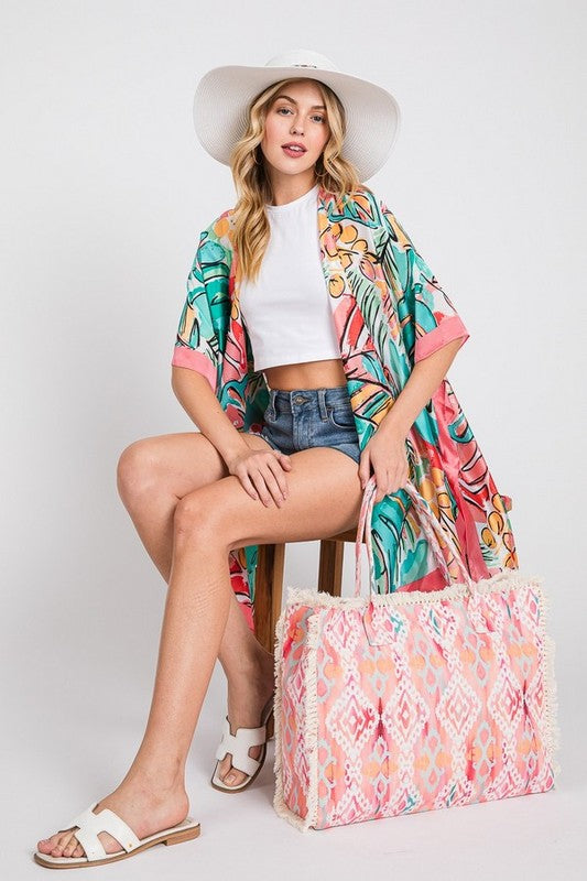 LA JEWELRY Tropical Leaf Print Silky Kimono Cover UP