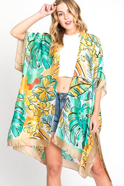 LA JEWELRY Tropical Leaf Print Silky Kimono Cover UP