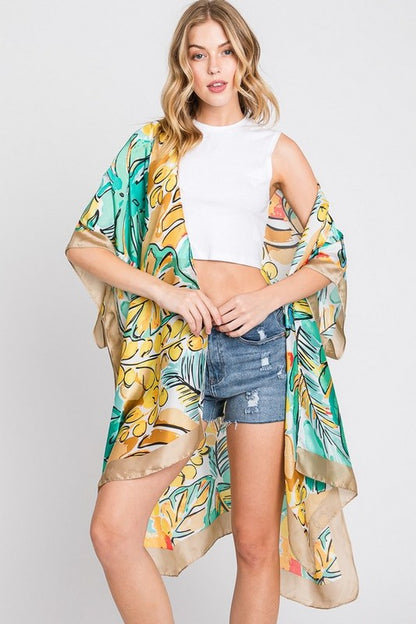 LA JEWELRY Tropical Leaf Print Silky Kimono Cover UP