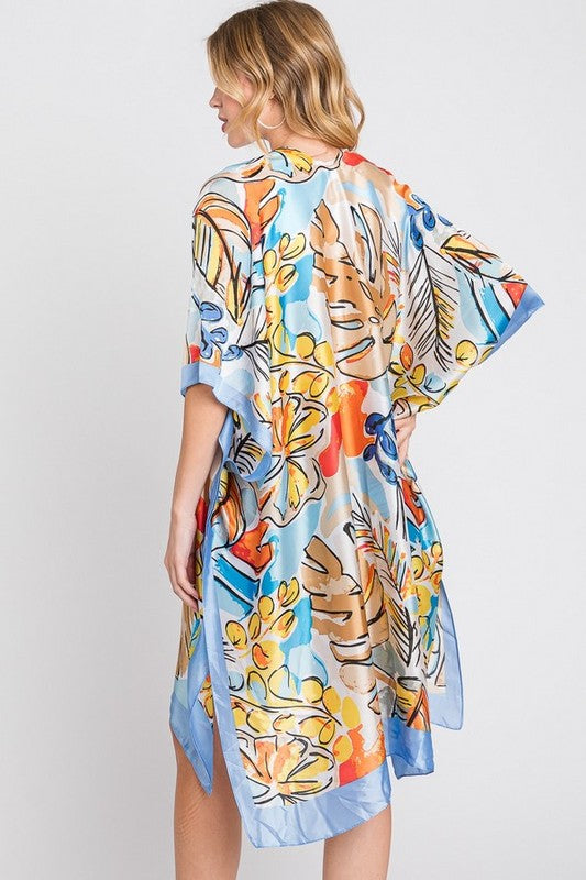 LA JEWELRY Tropical Leaf Print Silky Kimono Cover UP