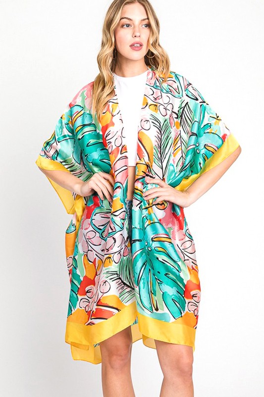 LA JEWELRY Tropical Leaf Print Silky Kimono Cover UP