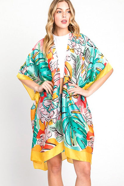 LA JEWELRY Tropical Leaf Print Silky Kimono Cover UP