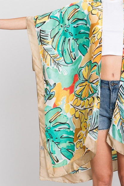 LA JEWELRY Tropical Leaf Print Silky Kimono Cover UP