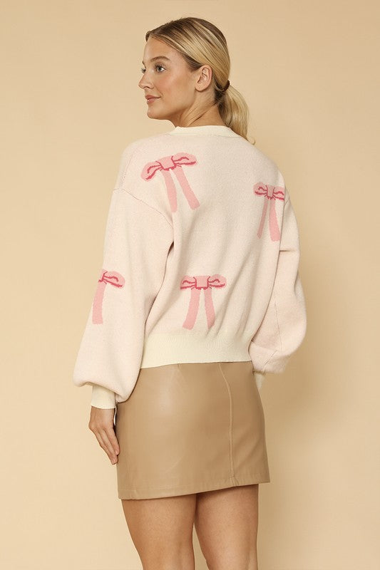 MISS SPARKLING Pink Bow Print knit Pullover Sweater