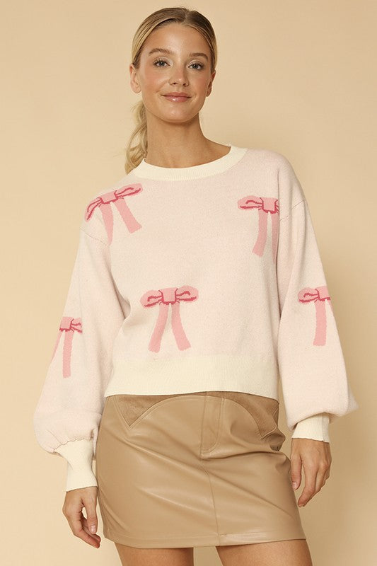 MISS SPARKLING Pink Bow Print knit Pullover Sweater