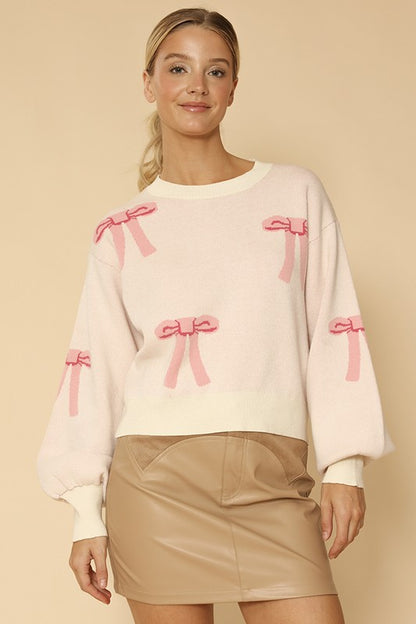 MISS SPARKLING Pink Bow Print knit Pullover Sweater