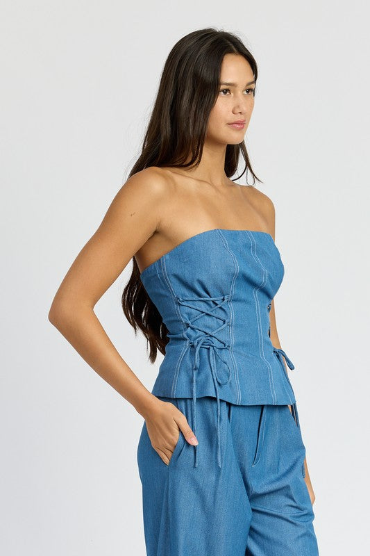 EMORY PARK Med Denim Tube Top with Side Laced Up Detail