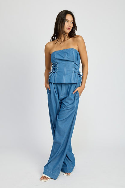 EMORY PARK Med Denim Tube Top with Side Laced Up Detail