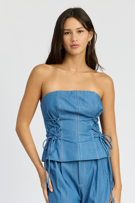 EMORY PARK Med Denim Tube Top with Side Laced Up Detail